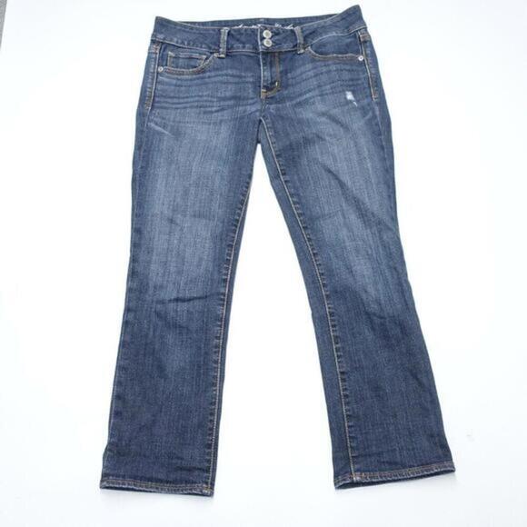 American Eagle Mom Jeans Women's 6 Blue Stretch Denim‎ Distressed Straight Leg - Picture 1 of 9